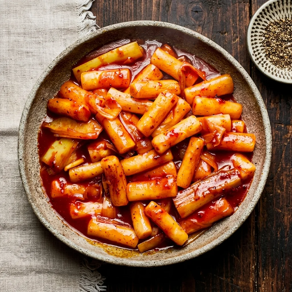 Tteokbokki Korean rice cakes at Snowy Village Korean dessert café in Saskatoon